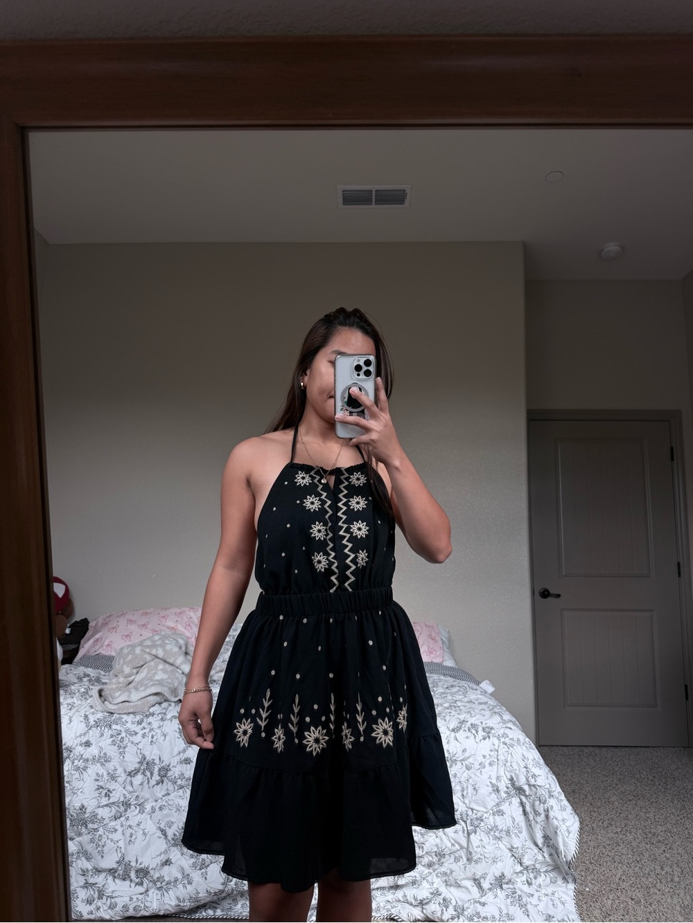 Black Embroidered Halter Mini Dress - Women's